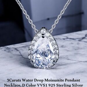 3Carats Moissanite Water Drop Pendant Necklace D Color VVS1 925 Sterling Silver